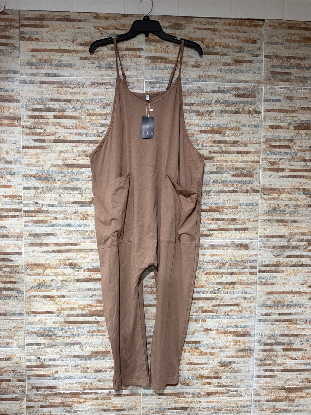 Relaxed Sleeveless Romper with Front Pockets in Taupe